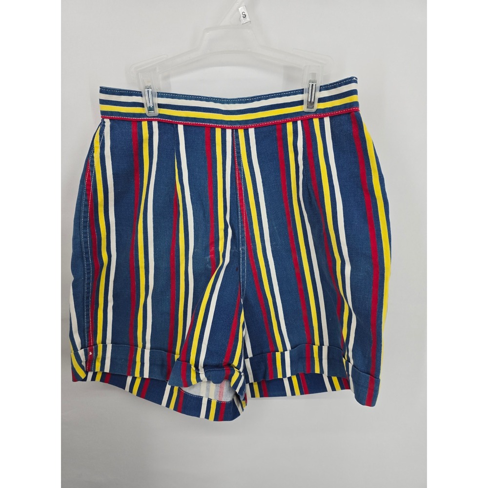 Vintage High Waisted Striped Shorts Blue Red Yellow White Retro Cuffed Canvas‎ S